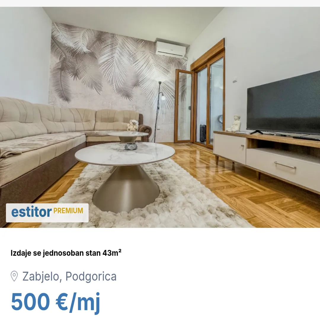 Izdavanje, jednosoban stan, 43m², Zabjelo, Podgorica