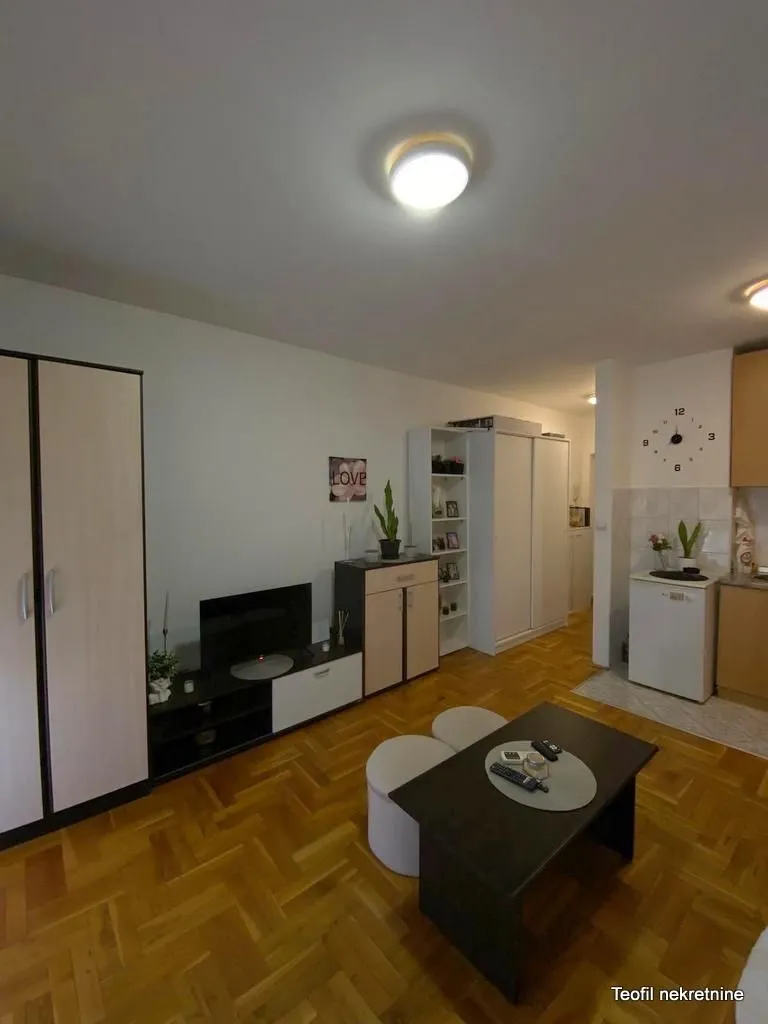 Small living room with furniture, TV and wooden flooring.