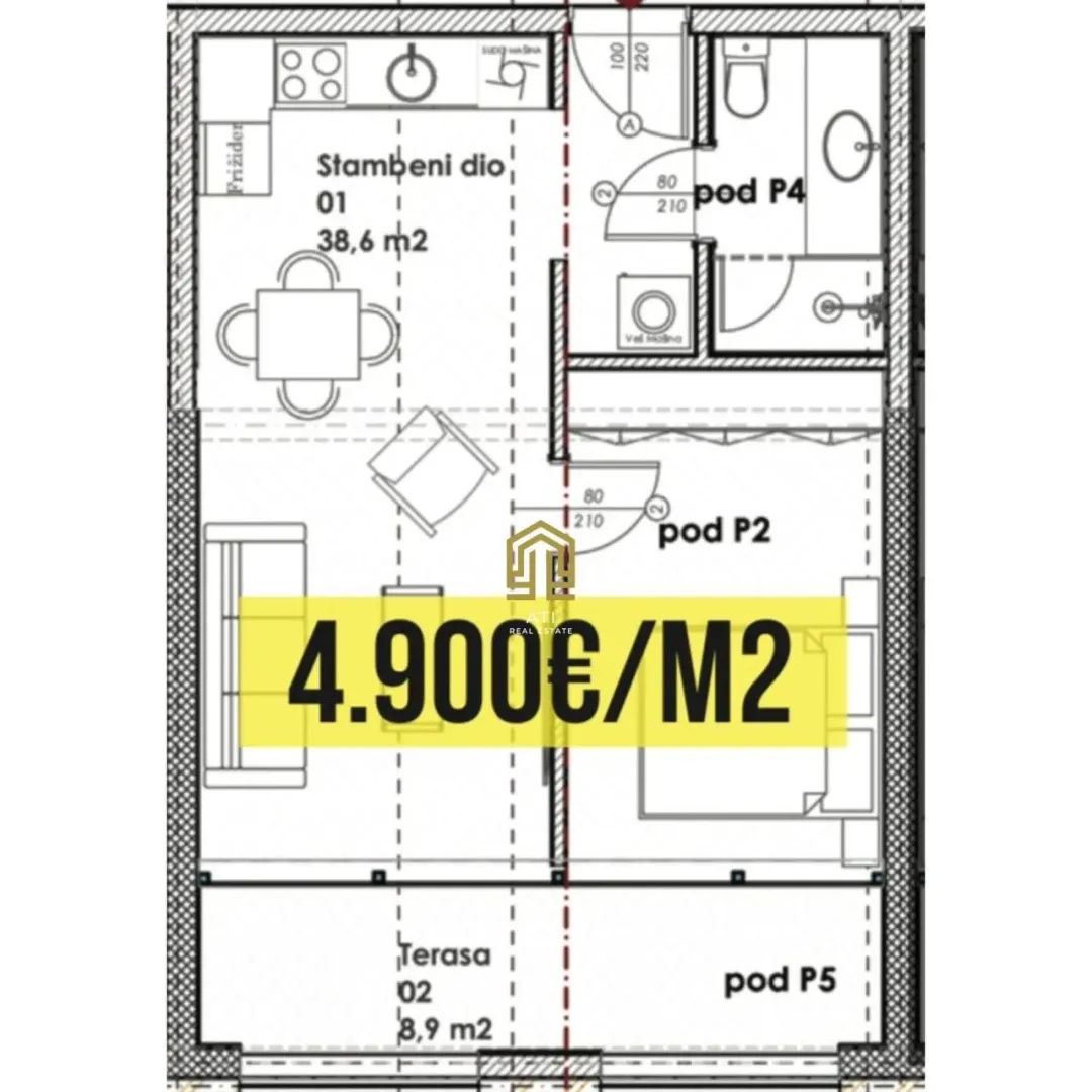 Prodaja, dvosoban stan, 47m², Centar, Budva - Plan prostora