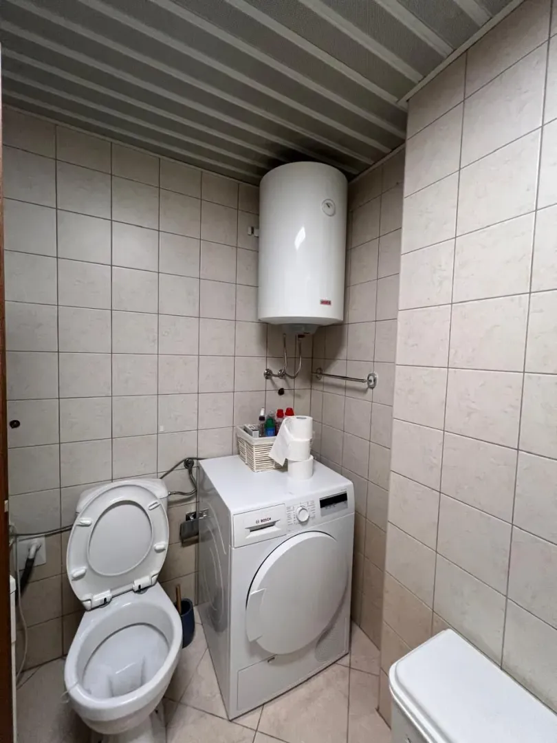 Manje kupatilo sa WC šoljom, veš mašinom i bojlerom.