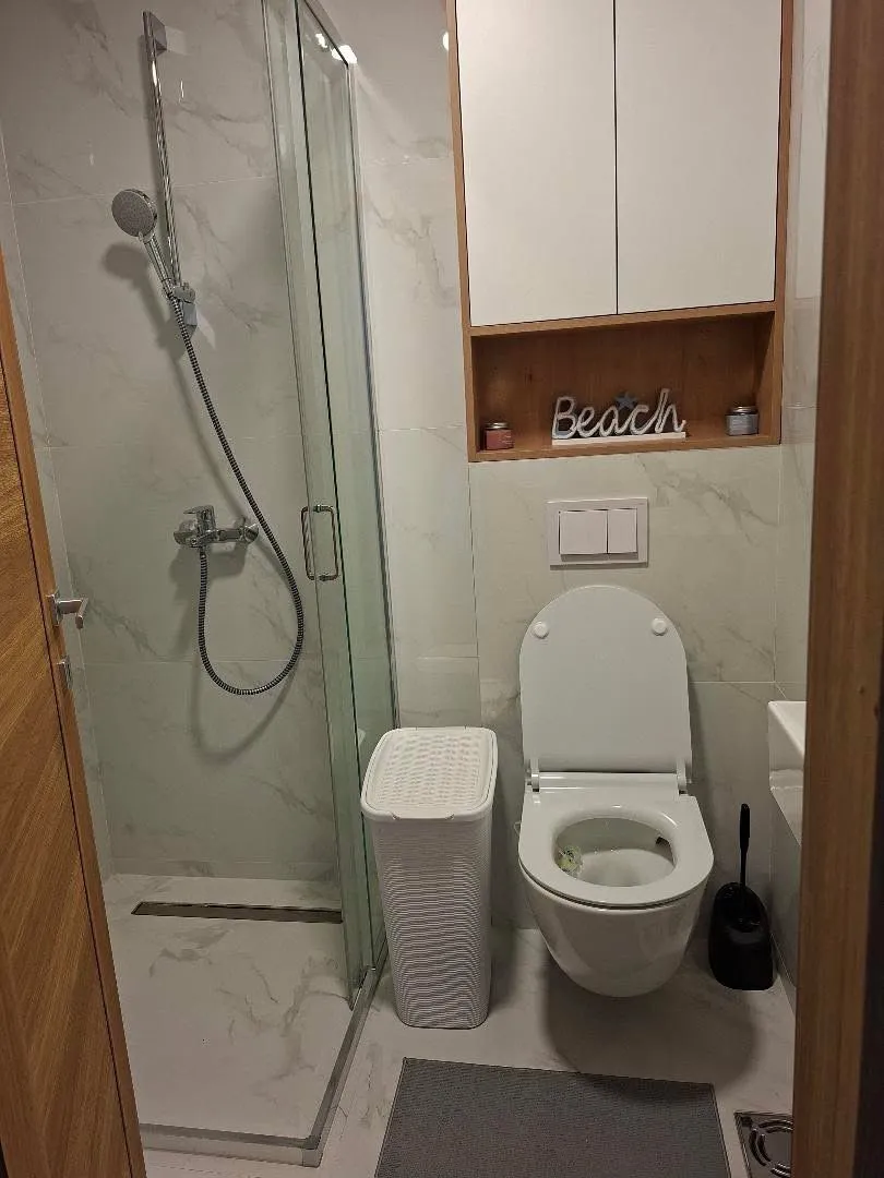 Modernly equipped bathroom with a walk-in shower and sanitary facilities.