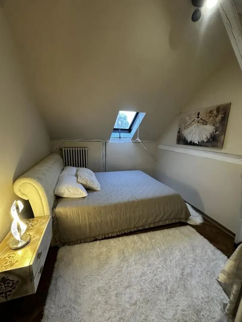 Attic bedroom with a double bed, skylight window and a white rug.