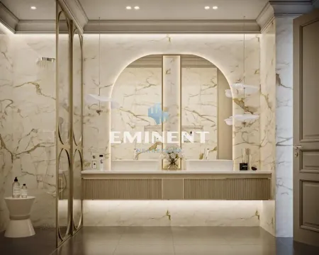 Modern bathroom with double sink, large mirror, and walk-in shower. - image 16