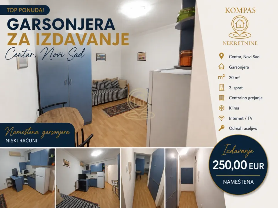 Rent, one bedroom apartment, 20m², Centar, Novi Sad