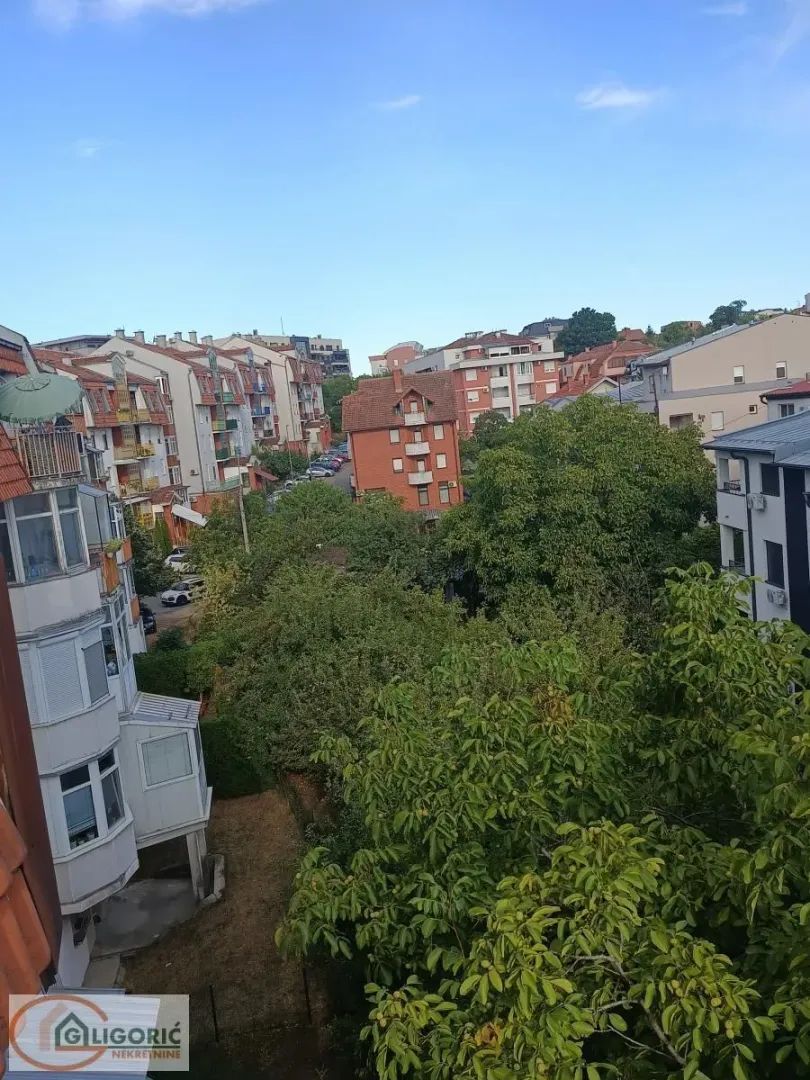 Pogled sa prozora na okolne zgrade i zelenilo.
