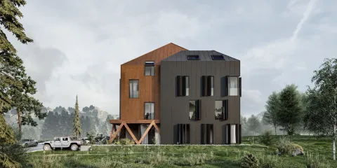 Pogled na spoljašnost moderne višeporodične kuće sa drvenom i metalnom fasadom u prirodnom okruženju. - image 7