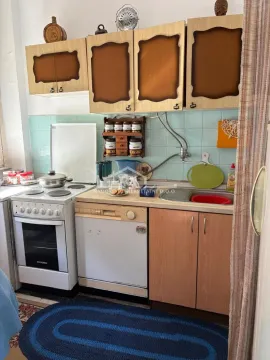 Manja kuhinja sa šporetom, sudoperom i drvenim visećim elementima. - image 6