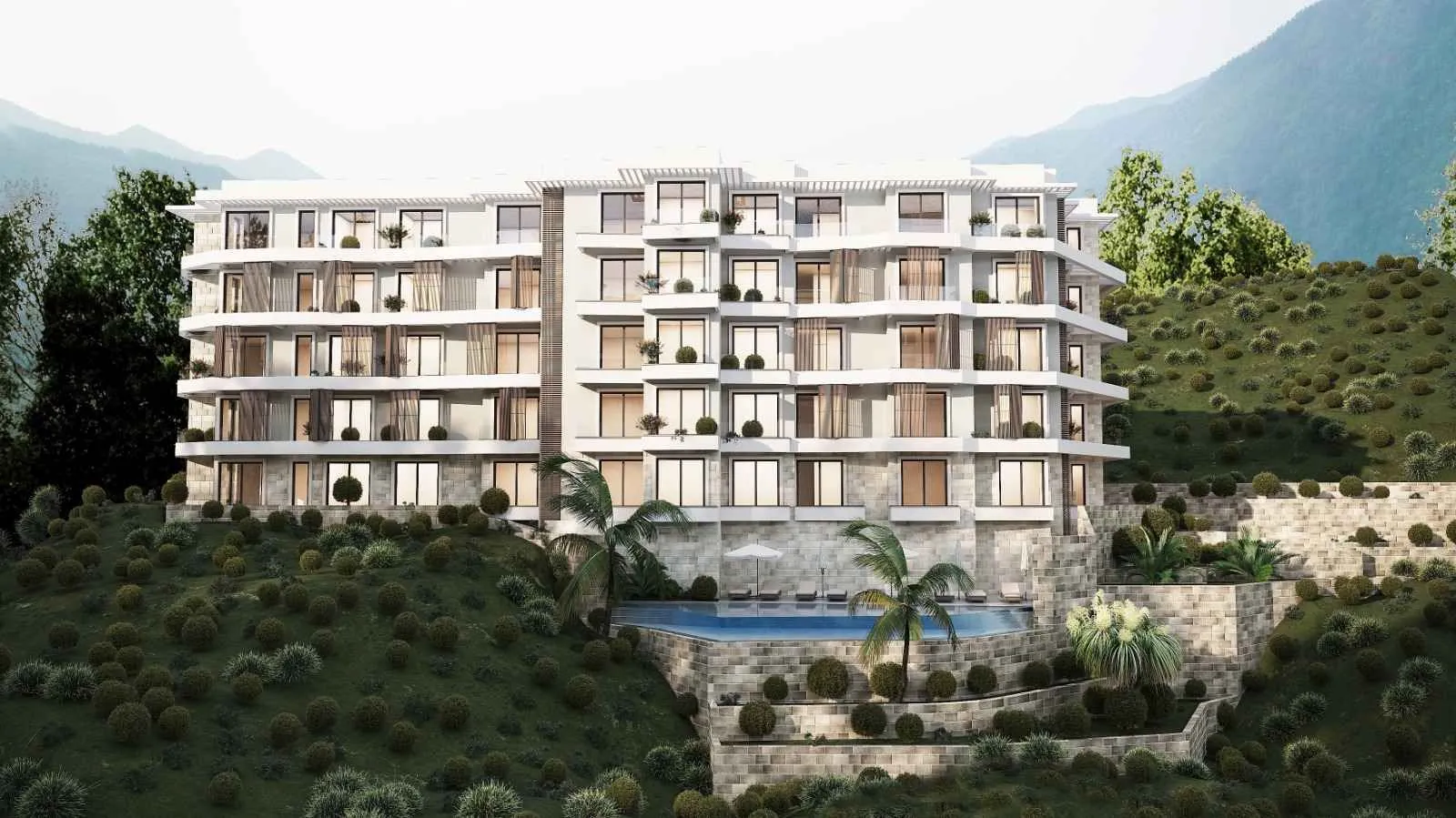 Pogled na spoljašnjost moderne stambene zgrade sa bazenom i uređenim okruženjem.