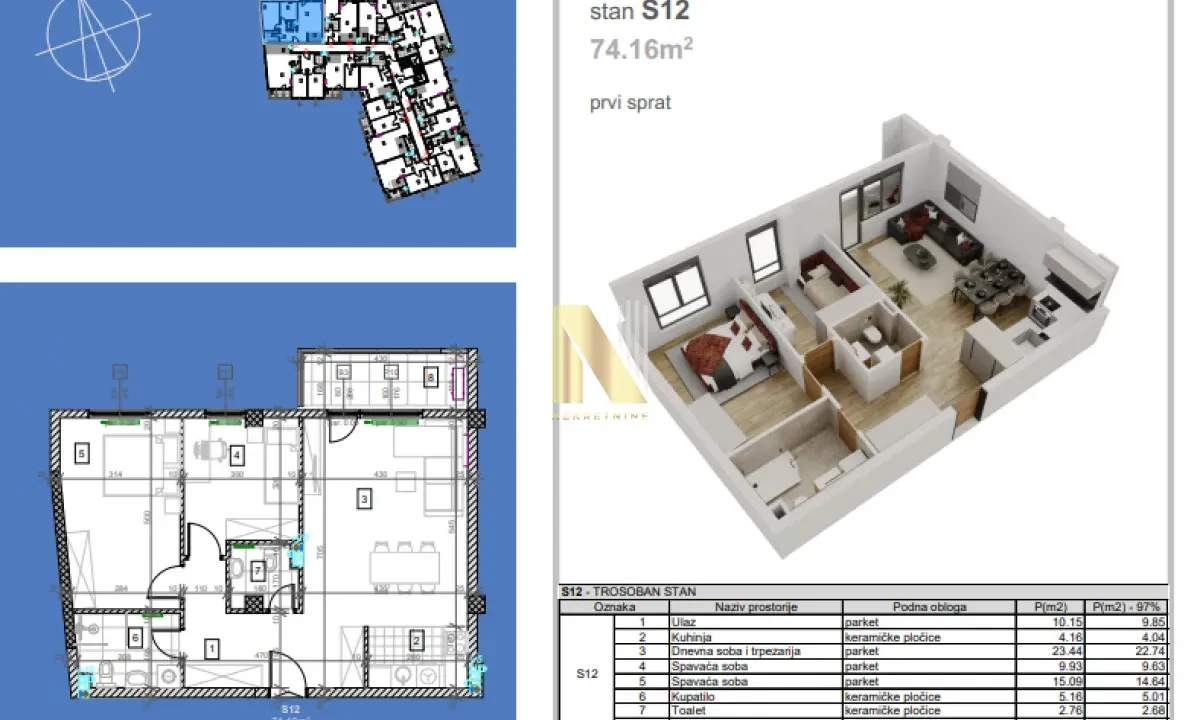 Prodaja, trosoban stan, 74m², Salajka, Novi Sad Sve Podlokacije