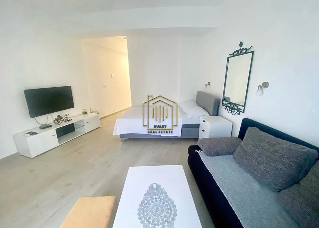 Living room with a sofa, TV, and a bed in the background.