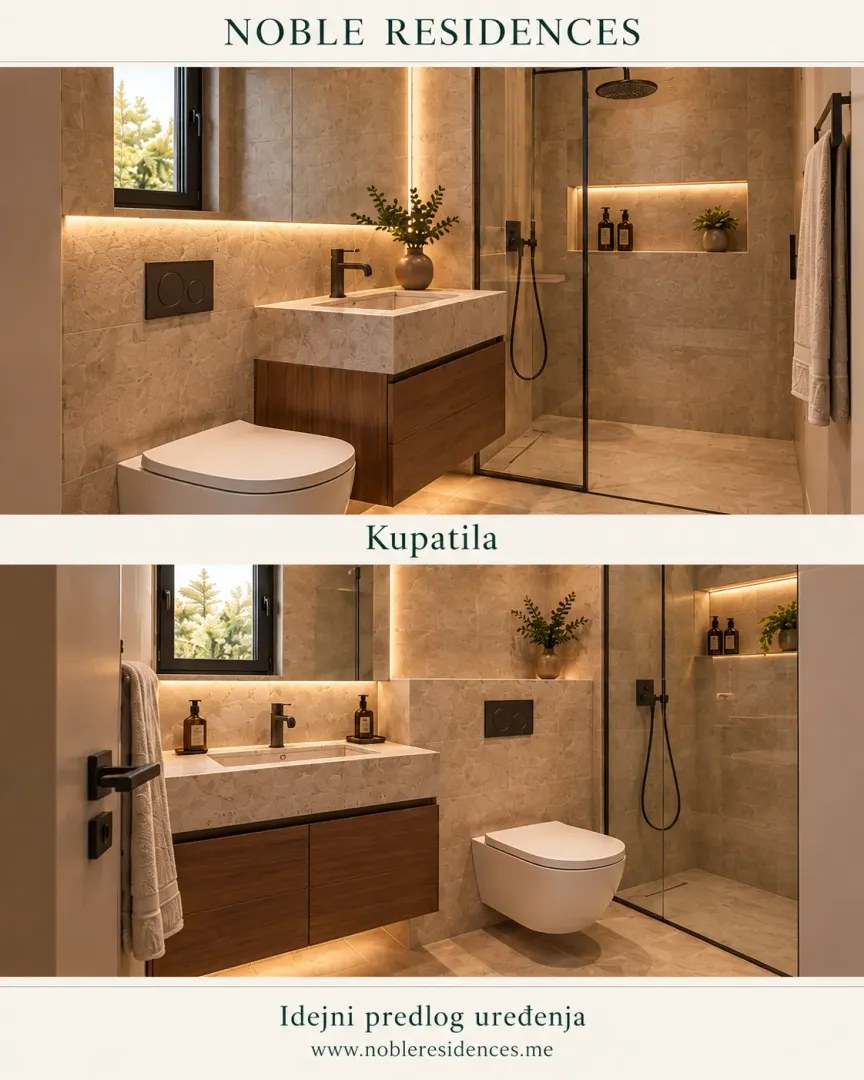 Modern bathroom with a built-in washbasin, walk-in shower, and ambient lighting.