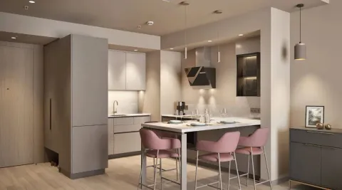Moderna kuhinja sa šankom i trpezarijskim stolom sa roze stolicama. - image 16