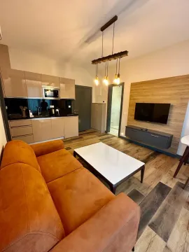 Living room with a sofa and kitchen in the background. - image 13