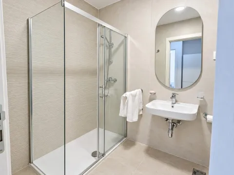 Modern bathroom with a walk-in shower and washbasin. - image 10