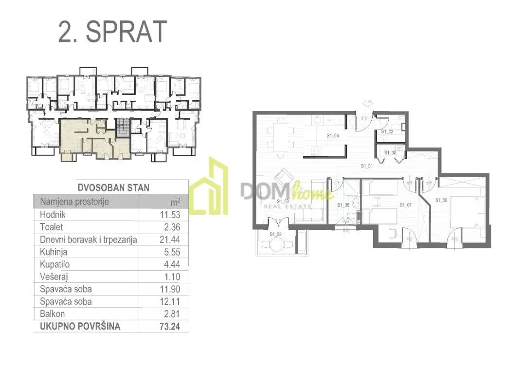 Prodaja, dvosoban stan, 73m², Tološi, Podgorica