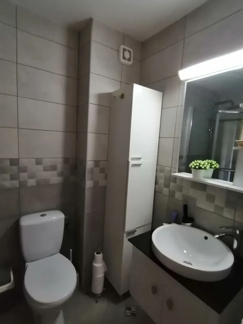 Practical bathroom with a sink and toilet.