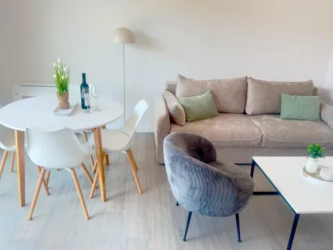 Bright living room with a sofa and dining table. - image 3