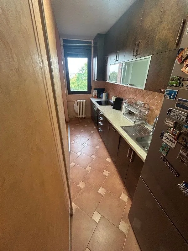 Uska kuhinja sa tamnim elementima i pločicama na podu.