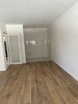 An empty bright room with wooden flooring and kitchen utilities installed. - image 2
