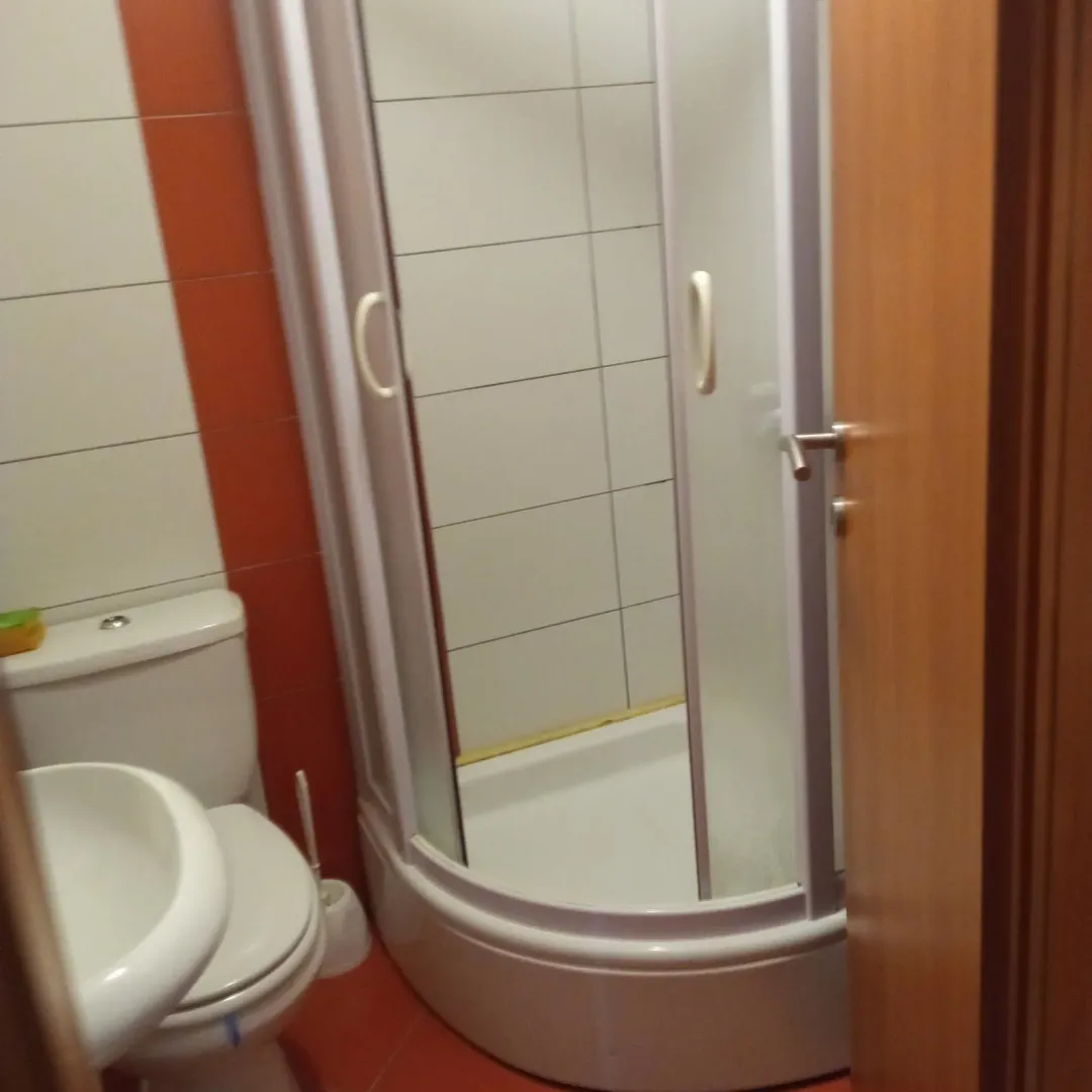 A simple bathroom featuring a shower cabin, sink, and toilet.