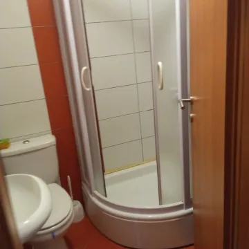 A simple bathroom featuring a shower cabin, sink, and toilet. - image 7