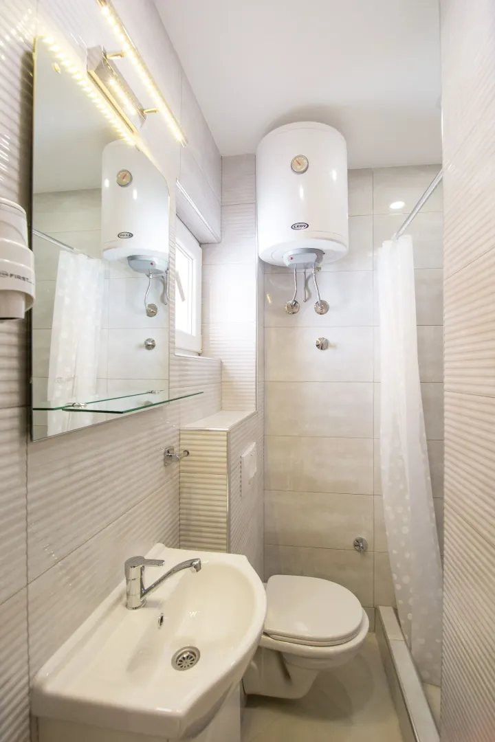 Small bathroom with a sink, toilet, and shower enclosure.