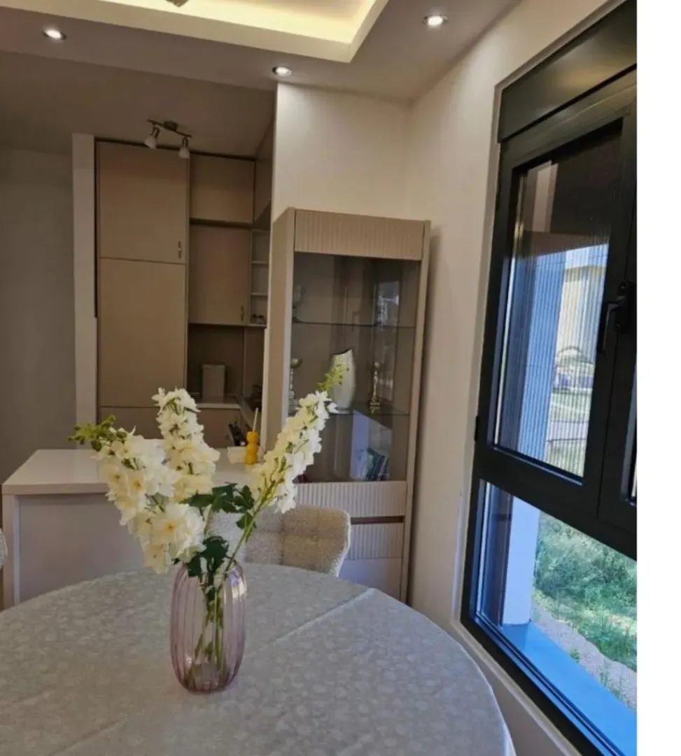 Living room with a dining table and a window view.