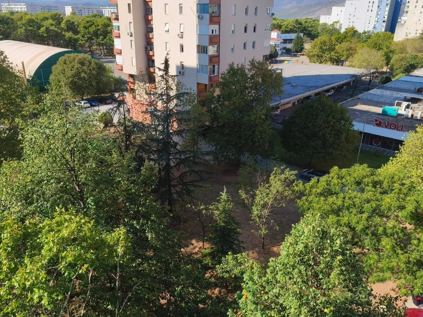 View from the window showing surrounding greenery and buildings.
