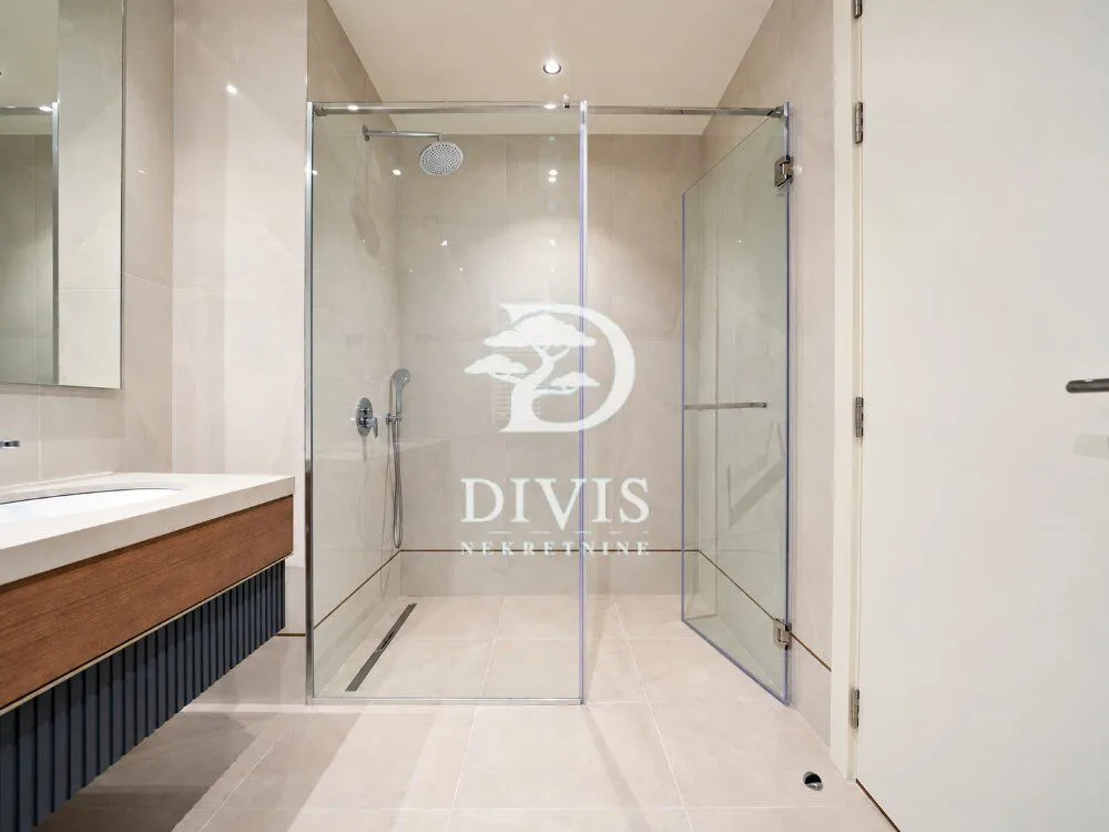 Modern bathroom with a walk-in shower and vanity.
