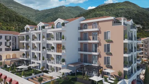 3D render moderne stambene zgrade sa uređenim dvorištem i planinama u pozadini. - image 10