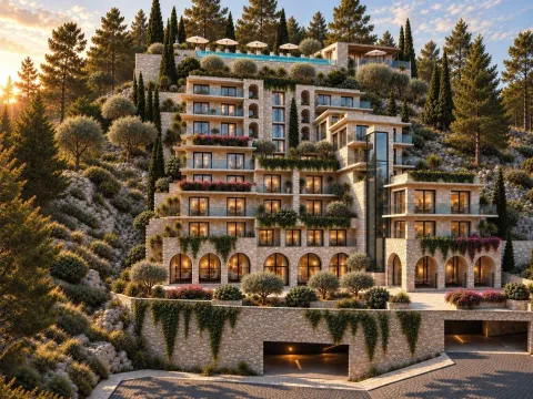 Exterior of a luxury multi-story stone building with terraces, greenery, and a rooftop pool. - image 2
