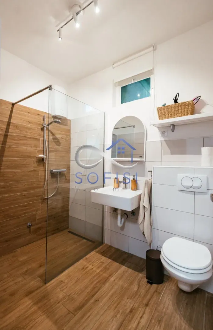 Modern bathroom with a walk-in shower, washbasin, and toilet.