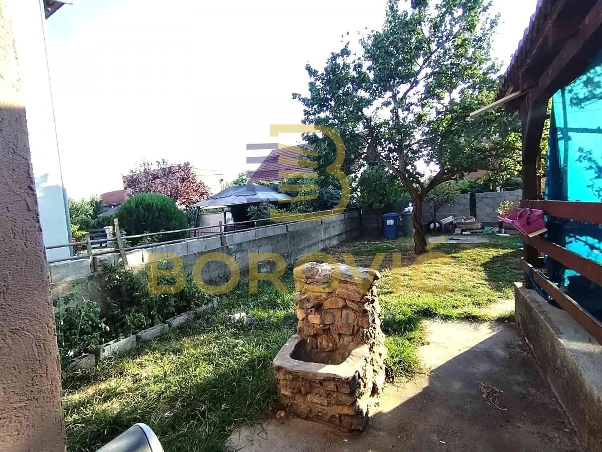 View of the landscaped yard with a lawn and trees.
