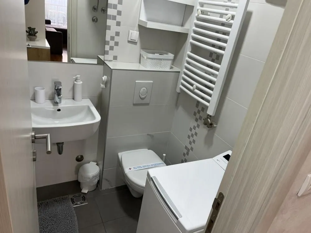 Manje kupatilo sa umivaonikom, WC šoljom, veš mašinom i radijatorom.