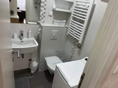 Manje kupatilo sa umivaonikom, WC šoljom, veš mašinom i radijatorom. - image 9