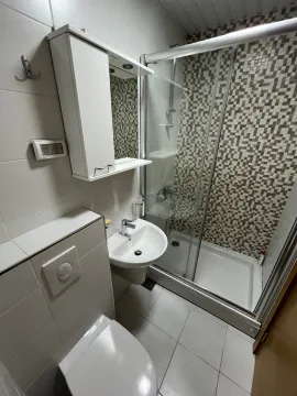 Small bathroom with a shower cabin, washbasin, and built-in toilet. - image 10