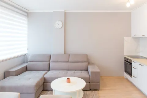 Living room with a sectional sofa and a small kitchen in the background. - image 10