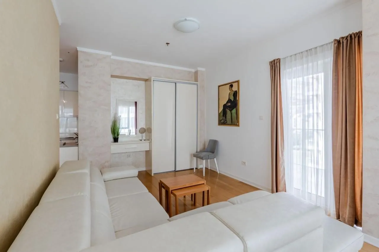 Living room with a sofa, coffee table and built-in closet.