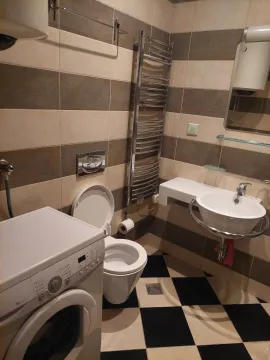 A bathroom with a washing machine and toilet. - image 3