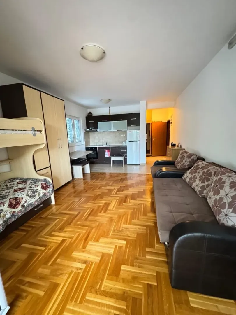 Dnevna soba sa krevetom na sprat i kuhinjom u pozadini.