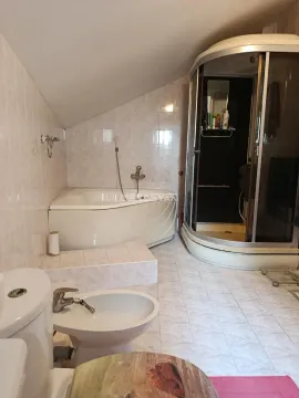 Bathroom equipped with a bathtub, shower cabin, toilet, and bidet. - image 14