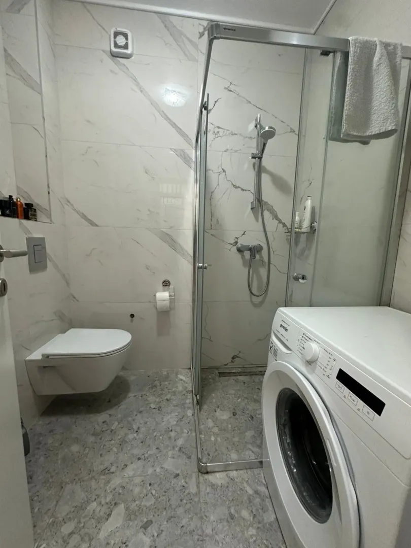 Manje kupatilo sa tuš kabinom, WC šoljom i veš mašinom.