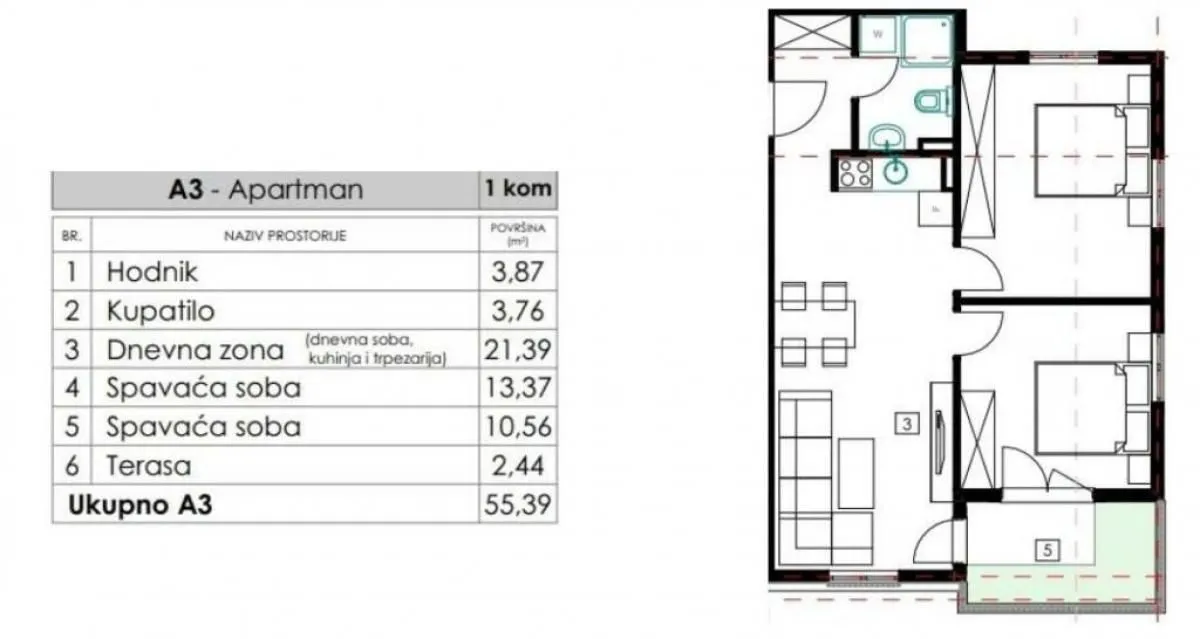 Sale, two bedroom apartment, 56m², Budva, Crna Gora