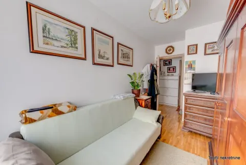 Manja dnevna soba sa kaučem, drvenom komodom i televizorom. - image 10