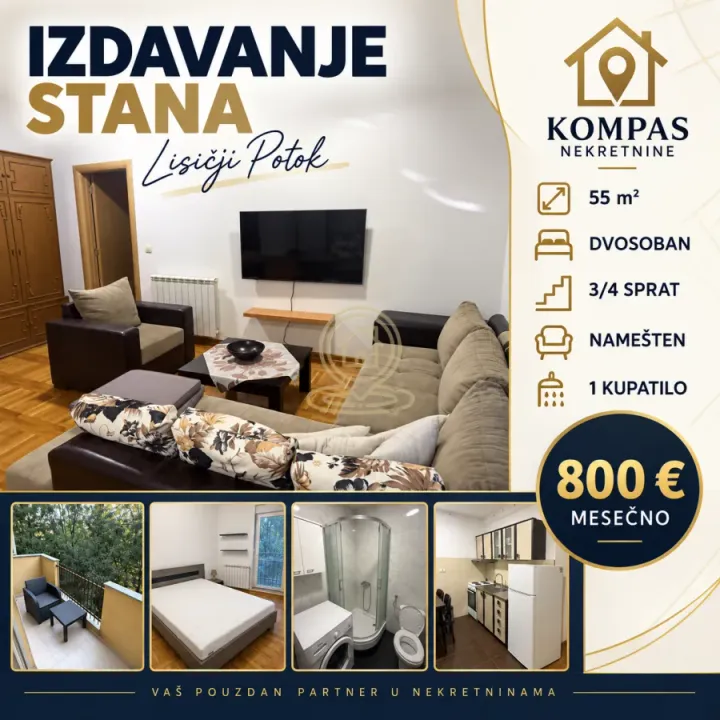 Izdavanje, dvosoban stan, 55m², Lisičji Potok, Beograd