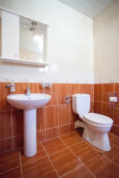Jednostavno kupatilo sa smeđim i bijelim pločicama. - image 4