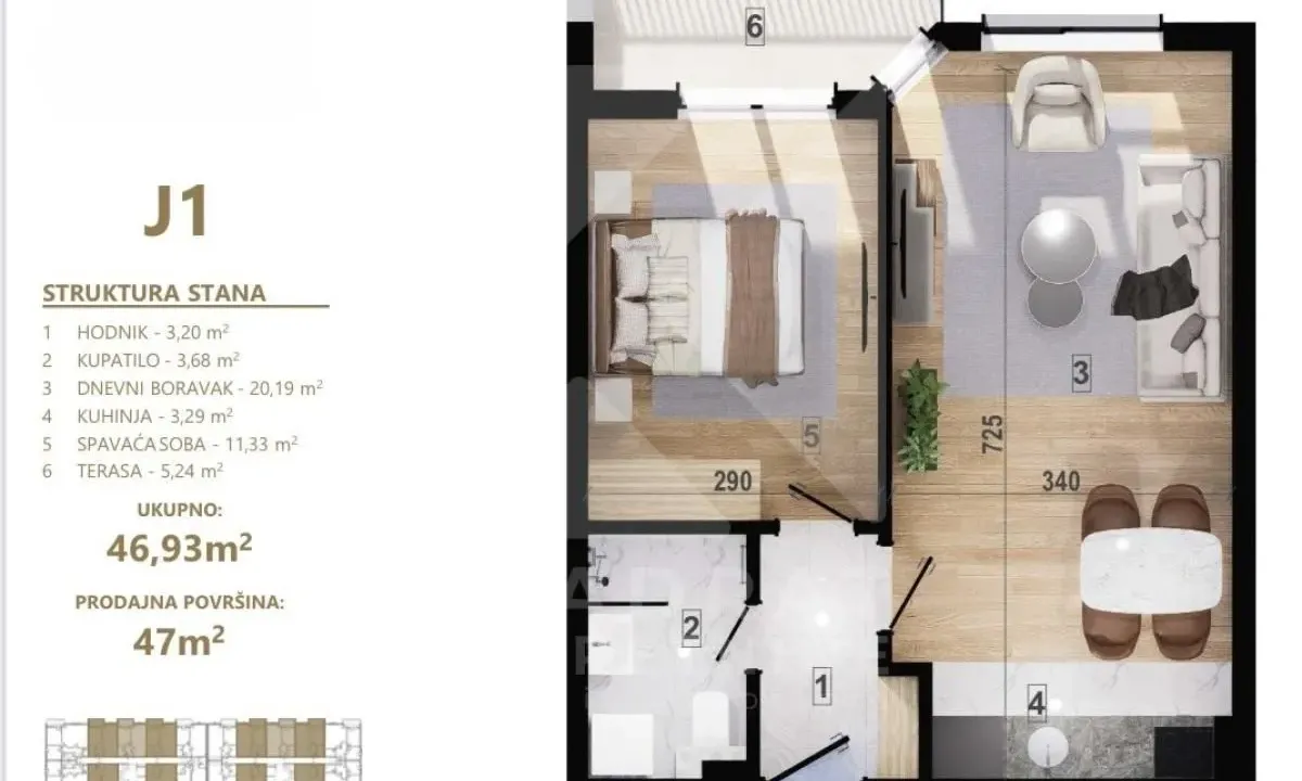 Sale, one bedroom apartment, 47m², Zagorič, Podgorica