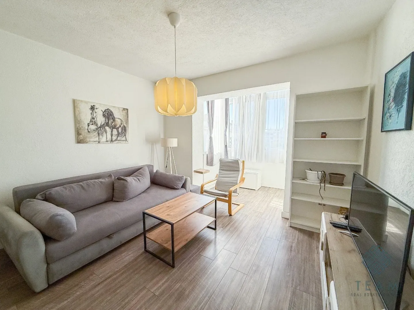 Comfortable living room with sofa, coffee table and shelves.