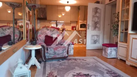 Dnevna soba sa foteljom, tepihom i pogledom na kuhinju u pozadini. - image 11