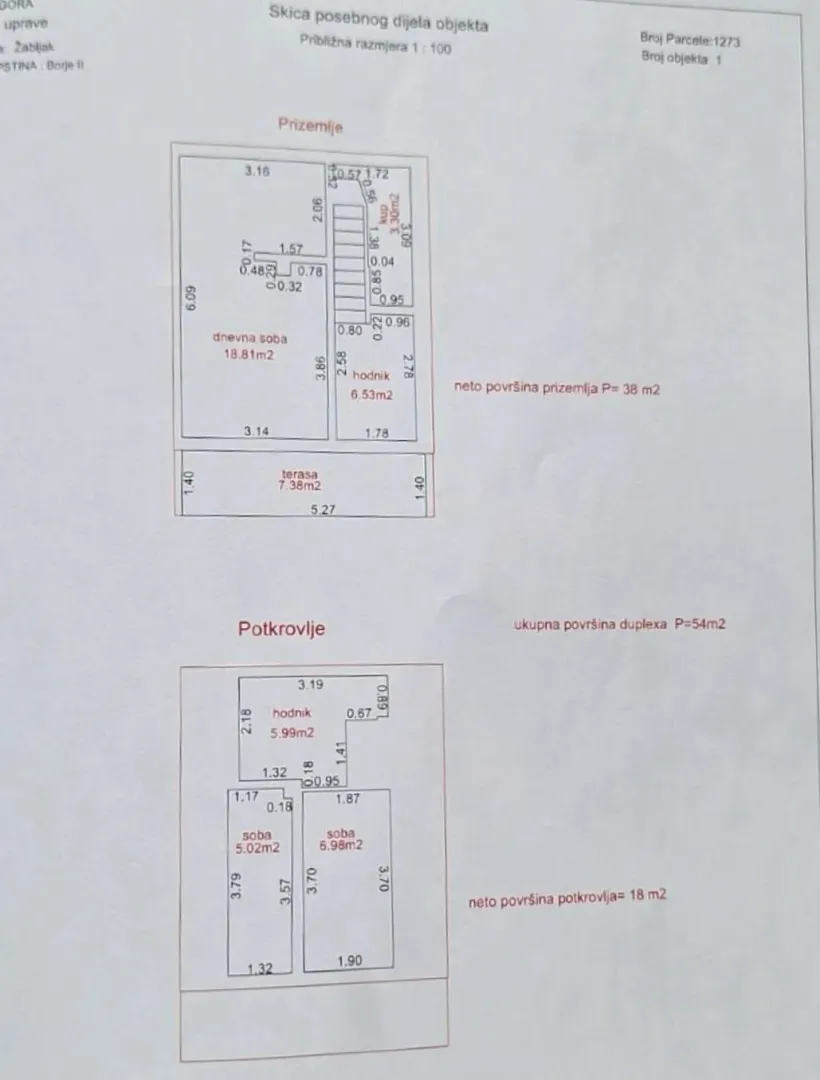 Arhitektonski plan etaža objekta sa ucrtanim dimenzijama i površinama prostorija.